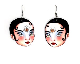 Third Eye Surreal Face Psychedelic Earrings • Trippy Art Shrink Plastic Dangles