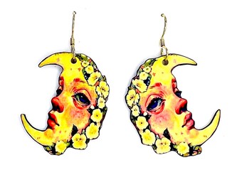Dreamy Crescent Moon Faces Art Dangle Earrings