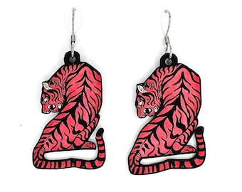 Vintage Illustration Style Striped Tiger Dangle Earrings