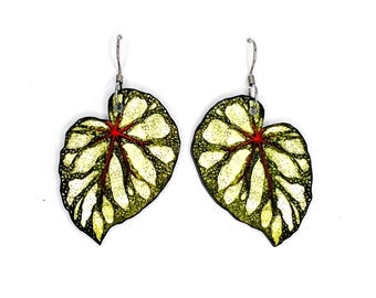 Caladium Leaf Tropical Plant Art Dangle Statement Earrings