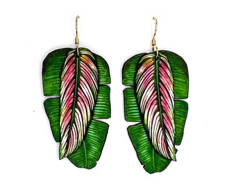 Layered Tropical Plant Leaves Art Dangle Statement Earrings