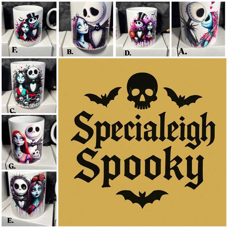 May include: White ceramic mugs featuring various designs of Jack Skellington and Sally from The Nightmare Before Christmas. The mugs have black handles and are decorated with colorful illustrations of the characters. The image also includes a gold background with the text "Specialleigh Spooky".