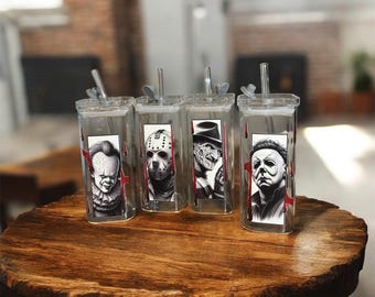 horror icon iced coffee glass cups- freddy/jason/michael/pennywise
