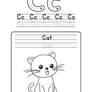 K&ouml;nnte beinhalten: Schwarz-wei&szlig;es Arbeitsblatt f&uuml;r Kinder. Der obere Teil zeigt den Buchstaben "C" in Gro&szlig;- und Kleinbuchstaben mit gestrichelten Linien zum Nachzeichnen. Darunter befinden sich Linien zum &Uuml;ben des Schreibens des Buchstabens "C". Der untere Teil zeigt das Wort "Cat" und eine Cartoon-Katze.