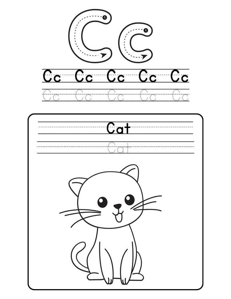 K&ouml;nnte beinhalten: Schwarz-wei&szlig;es Arbeitsblatt f&uuml;r Kinder. Der obere Teil zeigt den Buchstaben "C" in Gro&szlig;- und Kleinbuchstaben mit gestrichelten Linien zum Nachzeichnen. Darunter befinden sich Linien zum &Uuml;ben des Schreibens des Buchstabens "C". Der untere Teil zeigt das Wort "Cat" und eine Cartoon-Katze.