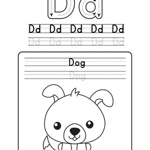 K&ouml;nnte beinhalten: Schwarz-wei&szlig;es Arbeitsblatt mit dem Buchstaben "D" und Nachzeichnungsf&uuml;hrungen f&uuml;r Gro&szlig;- und Kleinbuchstaben. Enth&auml;lt Linien zum Schreiben des Buchstabens und des Wortes "Dog" sowie eine Cartoon-Hundeillustration.