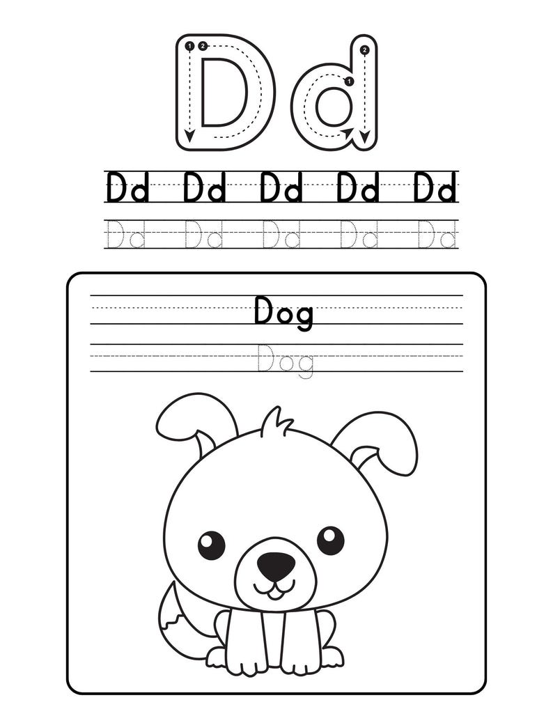 K&ouml;nnte beinhalten: Schwarz-wei&szlig;es Arbeitsblatt mit dem Buchstaben "D" und Nachzeichnungsf&uuml;hrungen f&uuml;r Gro&szlig;- und Kleinbuchstaben. Enth&auml;lt Linien zum Schreiben des Buchstabens und des Wortes "Dog" sowie eine Cartoon-Hundeillustration.