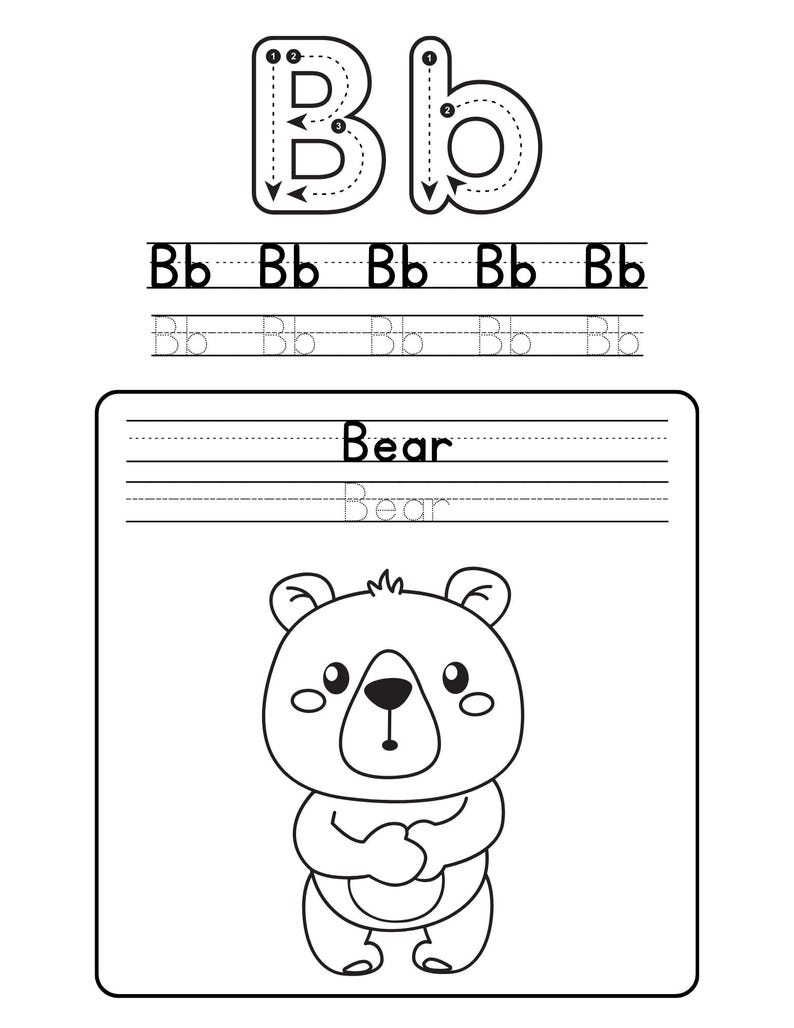 K&ouml;nnte beinhalten: Schwarz-wei&szlig;es Arbeitsblatt zum Erlernen des Buchstabens "B". Das Arbeitsblatt enth&auml;lt Gro&szlig;- und Kleinbuchstaben zum Nachzeichnen, &Uuml;bungszeilen und eine Cartoon-B&auml;renillustration mit dem Wort "Bear" dar&uuml;ber geschrieben.