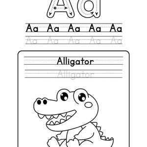 K&ouml;nnte beinhalten: Schwarz-wei&szlig;es Arbeitsblatt mit dem Buchstaben "A". Das Arbeitsblatt enth&auml;lt &Uuml;bungen zum Nachzeichnen f&uuml;r Gro&szlig;- und Kleinbuchstaben "A" sowie das Wort "Alligator" und eine Cartoon-Illustration eines Alligators.