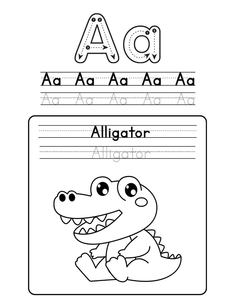 K&ouml;nnte beinhalten: Schwarz-wei&szlig;es Arbeitsblatt mit dem Buchstaben "A". Das Arbeitsblatt enth&auml;lt &Uuml;bungen zum Nachzeichnen f&uuml;r Gro&szlig;- und Kleinbuchstaben "A" sowie das Wort "Alligator" und eine Cartoon-Illustration eines Alligators.