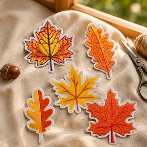 May include: A collection of five embroidered leaf patches in various autumn colours including orange, yellow, and red. The set features three maple leaves and two oak leaves, each with a white border, arranged on a light beige fabric surface.