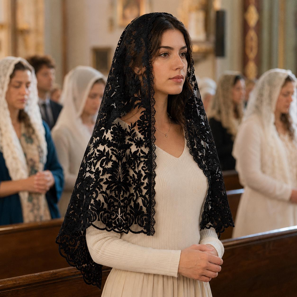 Embroidered Lace Church Veil, Short Catholic Mass Veil, Bridal Lace Mantilla Veil, Women's Chapel Head Covering for Prayer and Worship