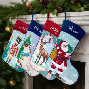 Personalized Needlepoint Christmas Stockings, Custom Family Stockings, Embroidery - Velvet Cuff, Custom Names