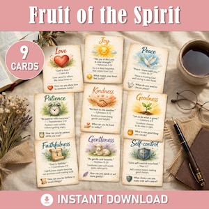 May include: Nine cards with the words "Fruit of the Spirit" at the top. Each card features a different virtue: Love, Joy, Peace, Patience, Kindness, Goodness, Faithfulness, Gentleness, and Self-control. The cards have watercolor illustrations and Bible verses.