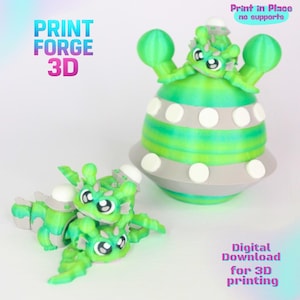 May include: 3D-printed green and gray alien figures. One figure is a stacked pair of aliens, and the other is a larger alien figure with a round body and large arms. The text "Print Forge 3D" and "Digital Download for 3D printing" are visible.