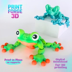 May include: Two 3D-printed frog toys. One is green and orange, with large eyes and articulated limbs. The other is teal and sits on a white block. The image includes the text "PRINT FORGE 3D", "Print in Place no supports", and "Digital Download for 3D printing".