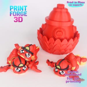 Könnte beinhalten: Roter 3D-gedruckter Hydrant und cartoonartige Kreaturen. Der Hydrant hat ein detailliertes Design. Die Kreaturen haben große Augen und Hüte. Der Text "PRINT FORGE 3D" und "Digital Download for 3D printing" ist enthalten.