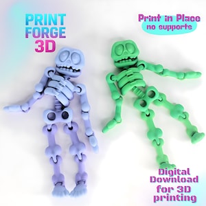 May include: Two 3D-printed articulated skeleton figures, one light blue and purple, the other green. The figures are posed against a white background. Text in the image reads "PRINT FORGE 3D", "Print in Place no supports", and "Digital Download for 3D printing".