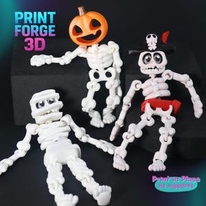 May include: Three articulated skeleton figures in white plastic. One has an orange pumpkin head, one wears a black pirate hat with a red feather, and one is wrapped in white bandages like a mummy. Text reads PRINT FORGE 3D and Print in Place no supports.