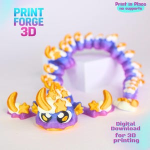 May include: A 3D-printed, colorful creature with a whimsical design. The creature features a purple body, orange horns, and star-shaped accents. The image includes the text "Print Forge 3D" and "Digital Download for 3D printing."