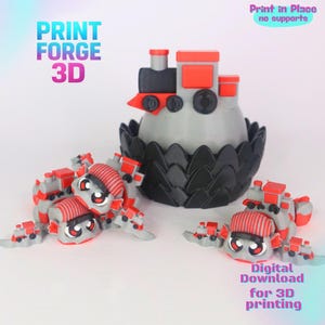 May include: 3D-printed train-themed toys in red, gray, and black. The toys include a large train-shaped centerpiece and smaller train-like creatures. The image also features the text "PRINT FORGE 3D" and "Digital Download for 3D printing."