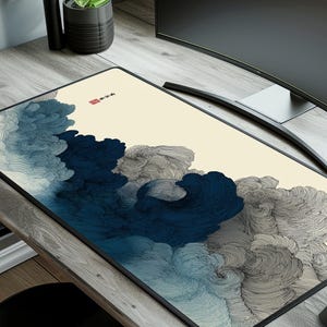 Japanese Desk Pad | Wave Sumi-e Art Office Mat | Dark Blue Mouse Pad