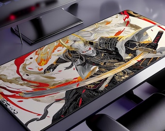 Alfombrilla de escritorio Oni Samurai, alfombrilla de ratón para juegos con arte japonés de demonios en tinta, configuración grande de anime para PC
