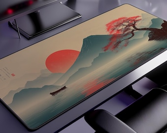 Alfombrilla de escritorio japonesa: Decoración de espacio de trabajo con arte pixelado de flores de cerezo del Monte Fuji