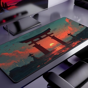 Japanese Torii Gate Sunset Desk Mat, Anime Lofi Vaporwave Mouse Pad