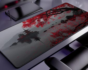 Japanische Crimson Temple Pagode Schreibtischmatte, Rote Ahornblätter Zen Schreibtischunterlage, großes Gaming Mauspad,