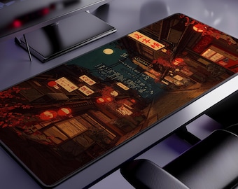 Alfombrilla de escritorio japonesa Tokyo Nights: estampado HD de paisaje urbano de anime, alfombrilla antideslizante para juegos.