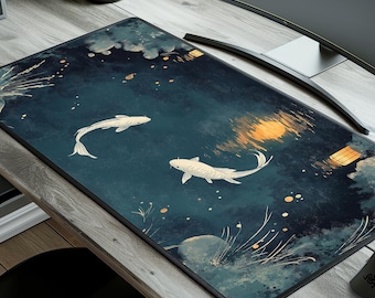 Tapete de escritorio japonés para estanque Koi: alfombrilla de ratón con arte Ukiyo-e iluminado por la luna