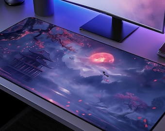 Alfombrilla de escritorio con diseño de pagoda japonesa, escena nocturna de cerezos en flor y alfombrilla de juego de fantasía con luna roja.