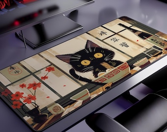 Alfombrilla de escritorio japonesa con diseño de gato ramen ukiyo-e, alfombrilla de ratón XL estilo grabado en madera vintage.