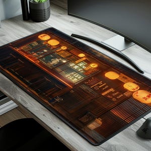 Japanese Ramen Bar Neon Izakaya Desk Mat, Cozy Nighttime Workspace Gaming Pad