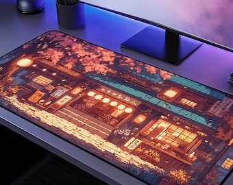 Alfombrilla de escritorio con arte pixelado de escaparate japonés: escena nocturna de anime lo-fi, alfombrilla retro de flores de cerezo