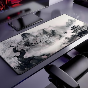 Japanese Cherry Blossom Desk Mat, Large Sakura Mouse Pad, Lofi Workspace Decor