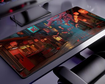 Alfombrilla de escritorio cyberpunk japonesa, callejón de linternas de Tokio lo-fi, alfombrilla de ratón XL de neón con flores de cerezo.