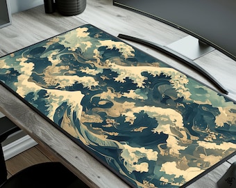 Alfombrilla de escritorio estilo ola japonesa – Alfombrilla de ratón para juegos con arte Ukiyo-e