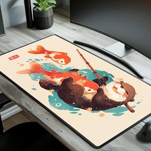 Japanese Otter Desk Mat, Pastel Koi Fish Art, Kawaii Gaming Mousepad
