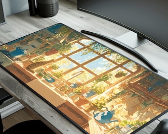 Alfombrilla de escritorio con diseño de gato acogedor para el alféizar de la ventana: accesorio de trabajo con estilo anime cottagecore.