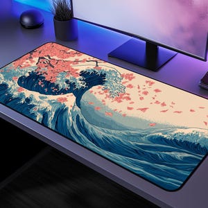 Japanese Wave Sakura Desk Mat, Ukiyo-e Cherry Blossom Gaming Pad