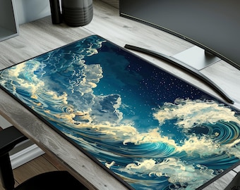 Alfombrilla de escritorio japonesa Ukiyo-e, diseño de olas en tonos azul verdoso y dorado, alfombrilla de ratón inspirada en Hokusai.
