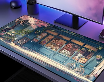 Alfombrilla de escritorio con diseño de floristería de anime, alfombrilla de ratón estilo lofi, accesorio acogedor para el espacio de trabajo.