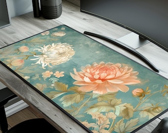 Alfombrilla de escritorio floral, estampado botánico de crisantemos, accesorio de oficina color verde azulado
