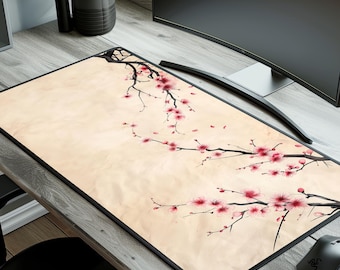 Alfombrilla de escritorio japonesa con estampado de flores de cerezo, alfombrilla de ratón con tinta sumi-e, bordes dobladillados, alfombrilla de trabajo para juegos.
