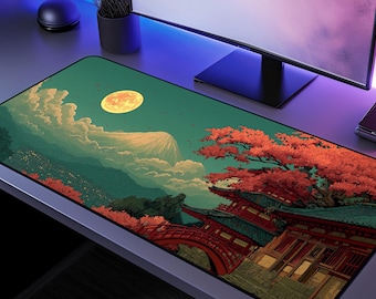 Alfombrilla de escritorio Ukiyo-e Fuji, tapete de trabajo con diseño de flor de cerezo japonesa, alfombrilla de ratón Lo-Fi