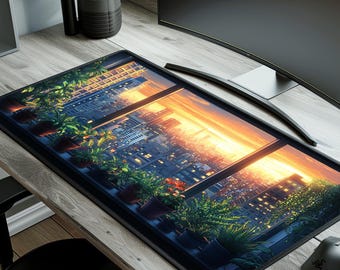 Skrivbordsmatta för urban solnedgång, anime lo-fi-stadsbild, estetisk spel- och arbetsmusmatta, mysig kontorsinredning