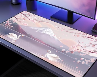 Alfombrilla de escritorio de anime japonés, arte pixelado de cerezos en flor y monte Fuji, alfombrilla de ratón para juegos