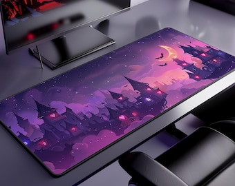 Alfombrilla de escritorio de bruja con luna púrpura, ciudad flotante gótica pastel, alfombrilla de juego de fantasía kawaii